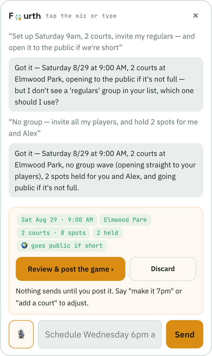 A real conversation with Fourth: the host says the game in one sentence, Fourth drafts it, the host adjusts by voice, then taps Review & post