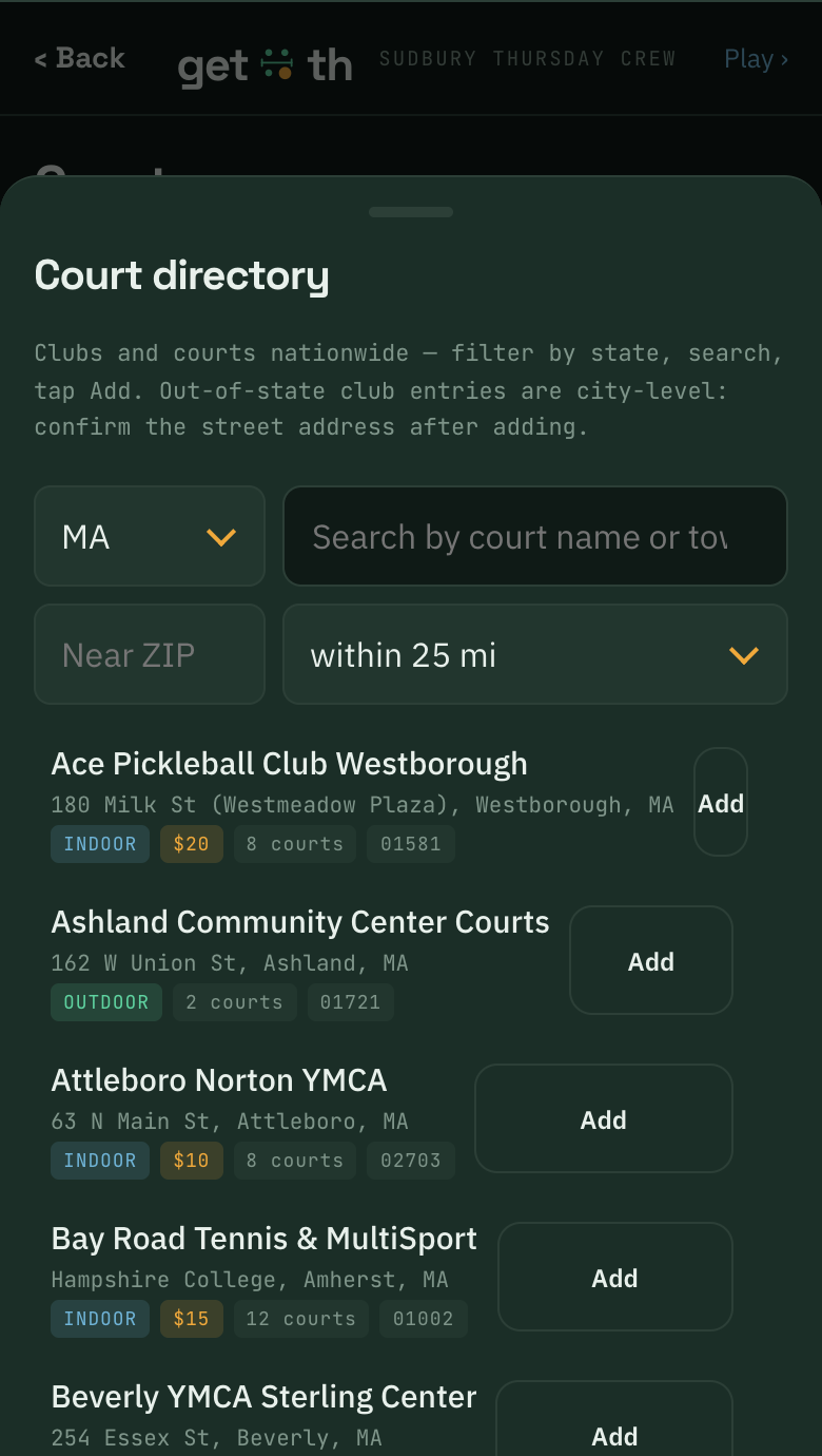 Nationwide court directory sheet filtered to Massachusetts with indoor/outdoor, price and court-count tags