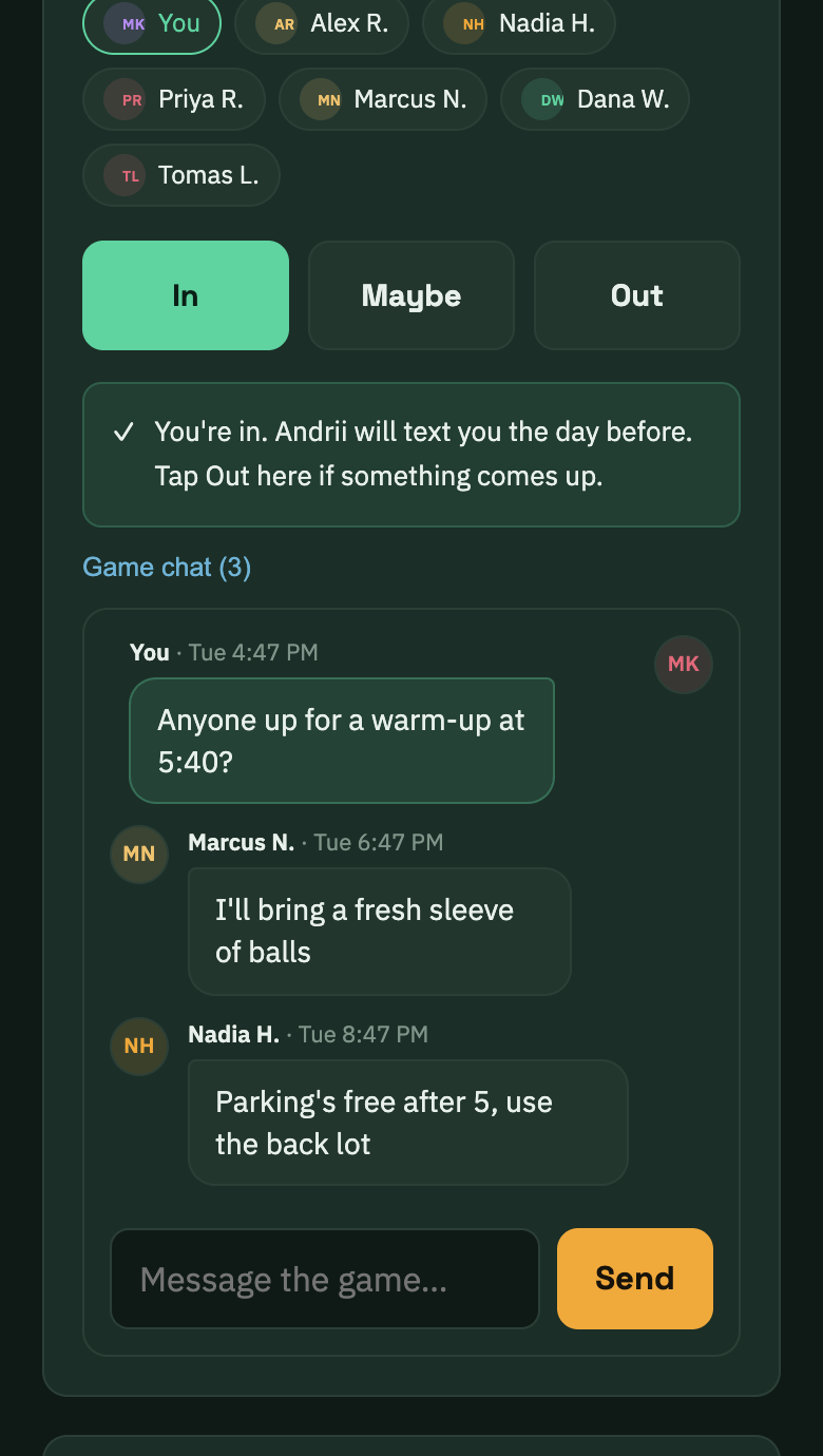 Game chat open under the invite card: three messages about warm-up, balls and parking, with a message box and Send