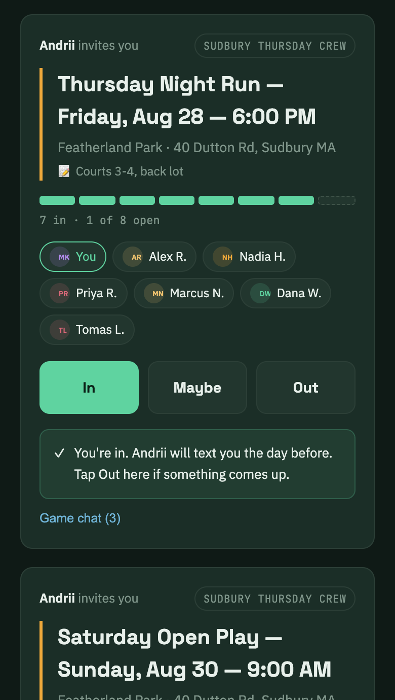 The player page: invite card with live fill, who's in, one-tap In / Maybe / Out and game chat