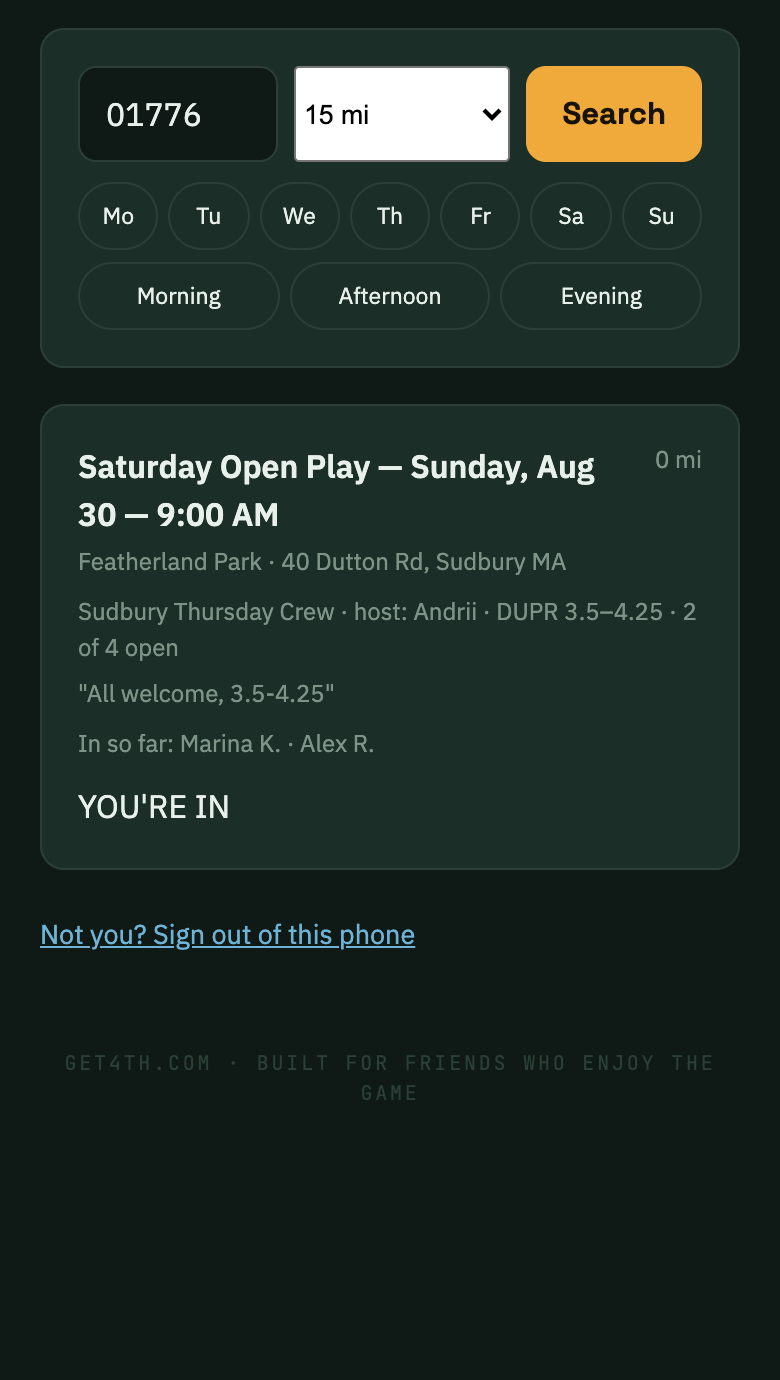 Public games feed: ZIP radius search returning a nearby open game with DUPR window and open spots